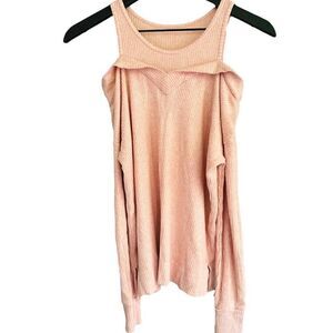 ANTHROPOLOGIE SATURDAY SUNDAY Stretch Ribbed Light Pink Cold Shoulder Long Sleev